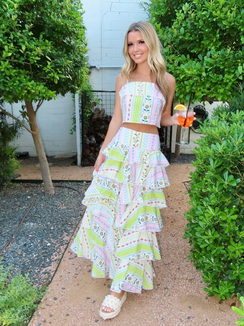 Tiered Ruffle Maxi Skirt in Pastel Floral Stripe - Picture 3 of 8